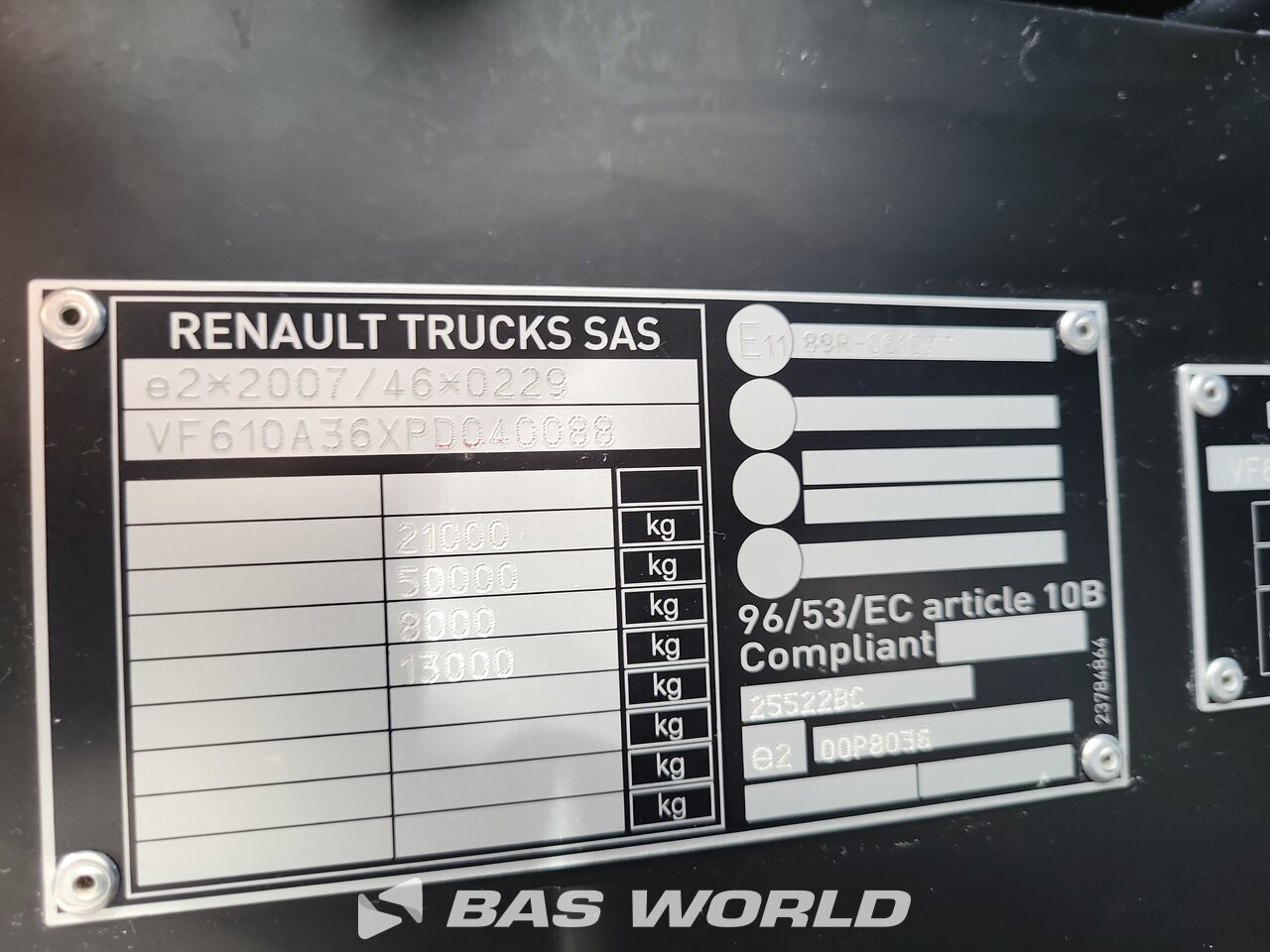 VIN plate : Renault T 480 4X2 Tracteur routier