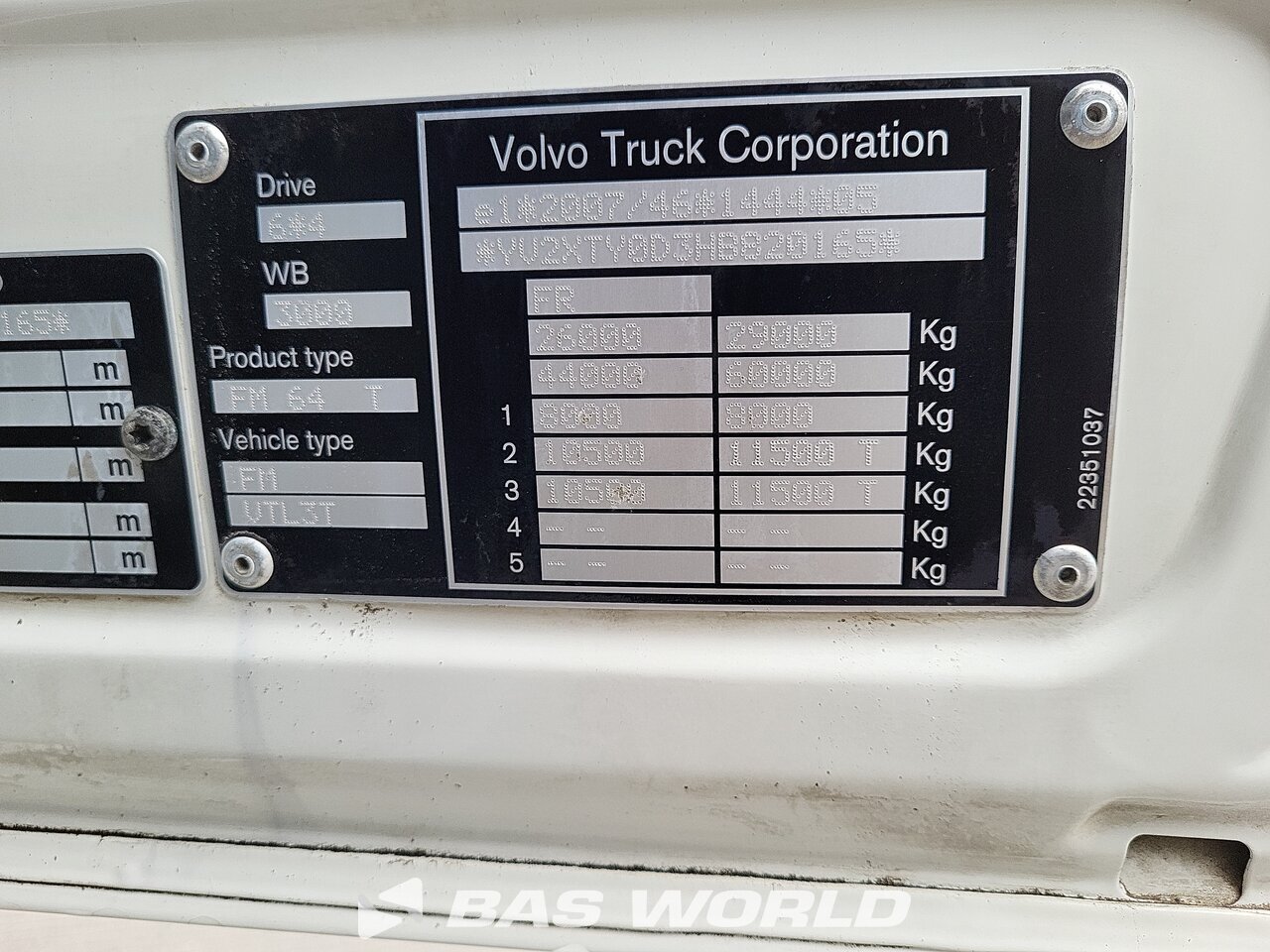 VIN plate : Volvo FMX 460 6X4 Tracteur routier